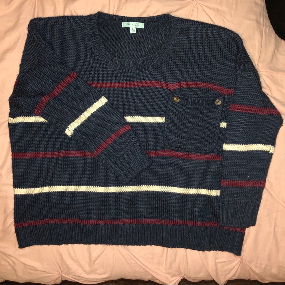 Large Navy & Dark Red Crop Striped Sweater!💕